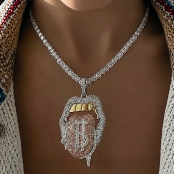 Silver and Gold tongue, gold teeth Pendant Necklace 16 inch - Picture 3 of 5